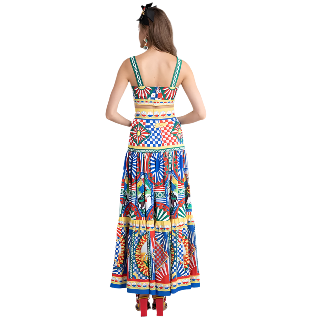 2022 Summer Vacation Skirt Suit Lady Spaghetti Strap Short Vest＋Retro Warrior Totem Print Long skirt 2 Pieces Set