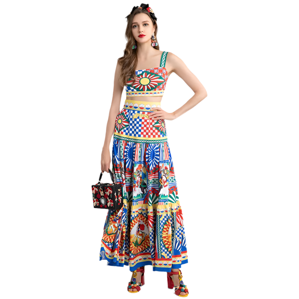 2022 Summer Vacation Skirt Suit Lady Spaghetti Strap Short Vest＋Retro Warrior Totem Print Long skirt 2 Pieces Set