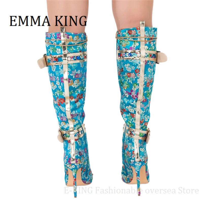 Autumn Winter Women Knee High Boots Sexy Pointed Toe Floral Print Satin Boots Ladies Stiletto Heels Front Lace Up Gemstone Boots