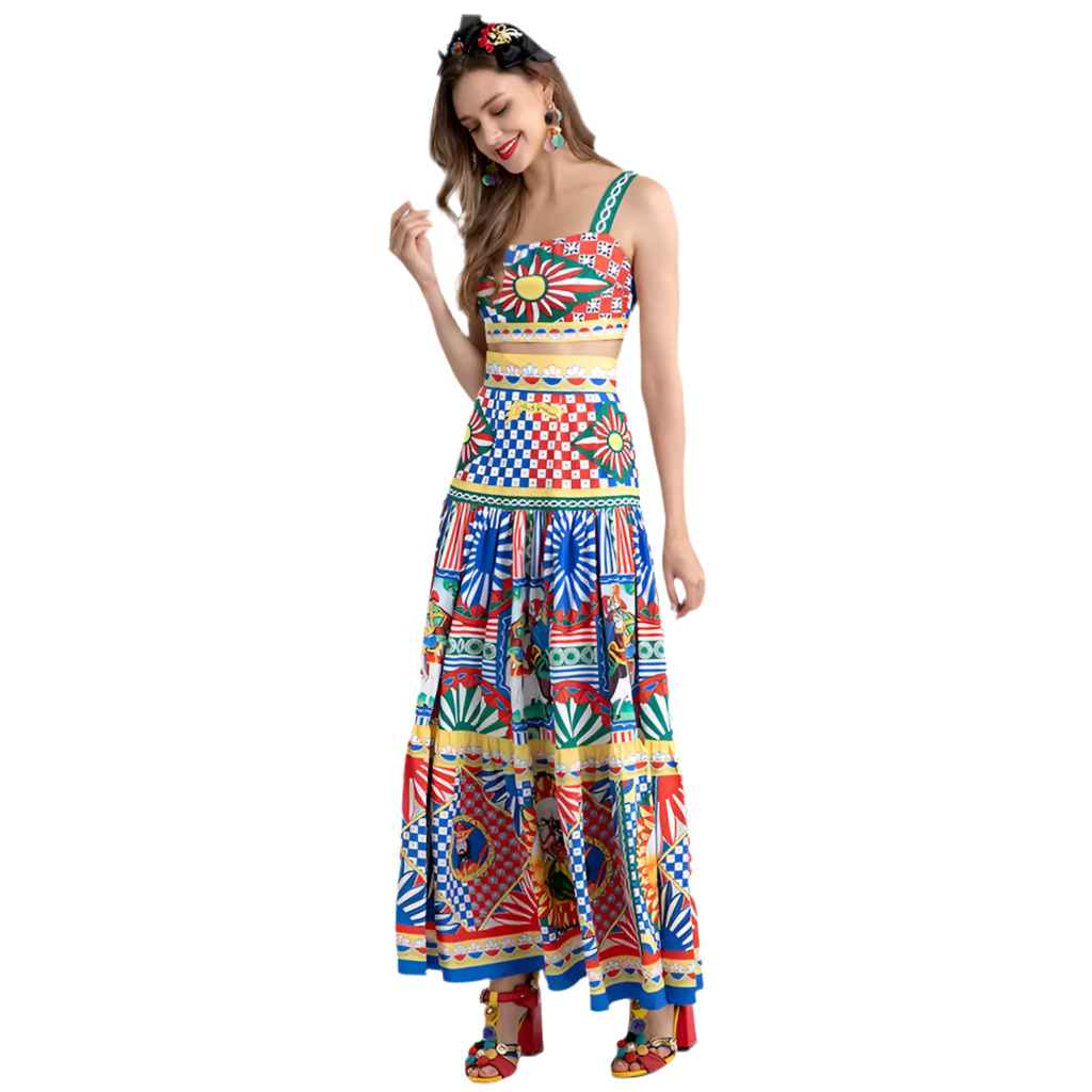 2022 Summer Vacation Skirt Suit Lady Spaghetti Strap Short Vest＋Retro Warrior Totem Print Long skirt 2 Pieces Set