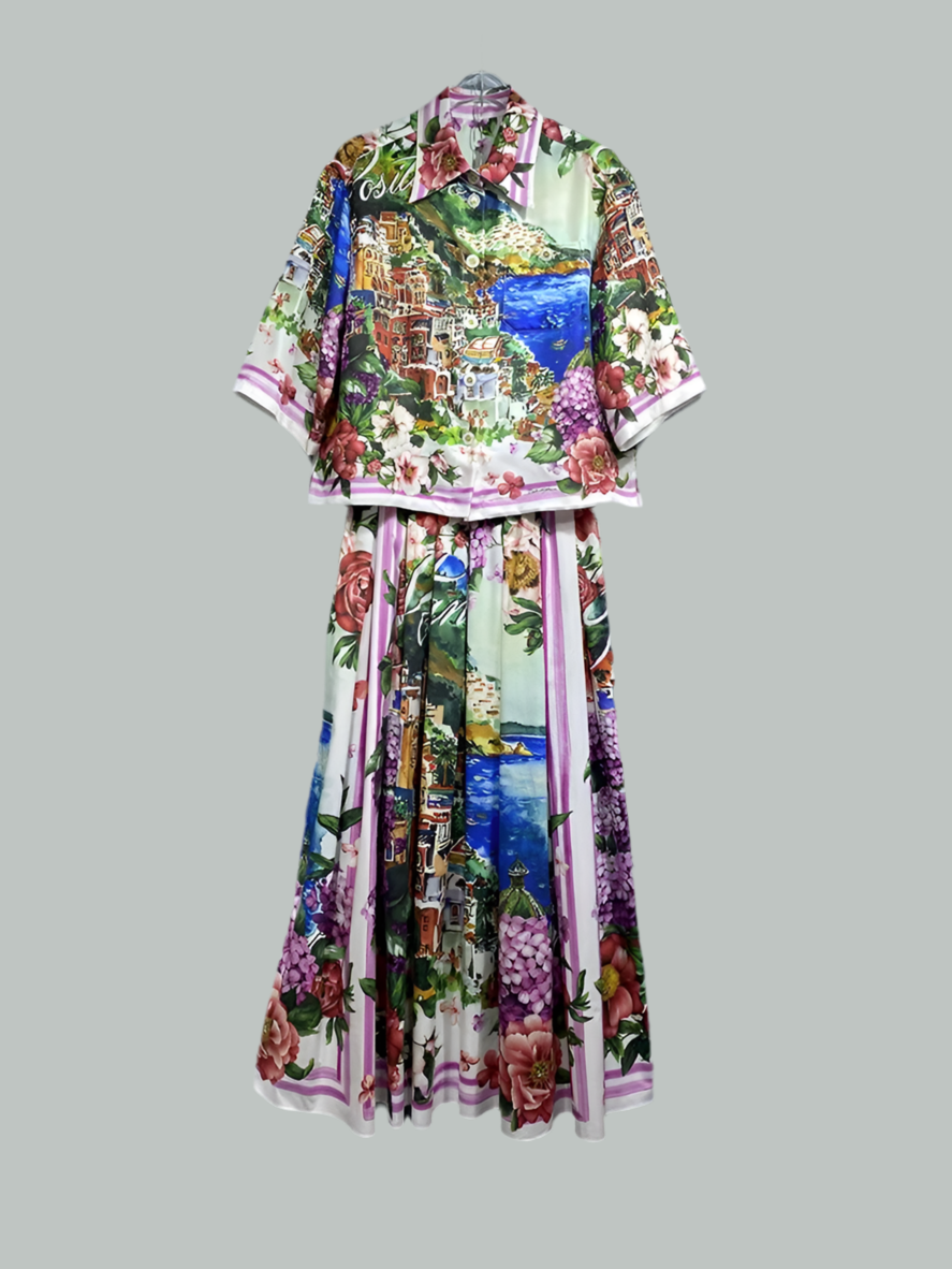 Fashion Runway Summer Women New Silk Skirt Sets Bohemian Floral Print Single Breasted Shirt+Pleated Skirt 2 Pieces Set