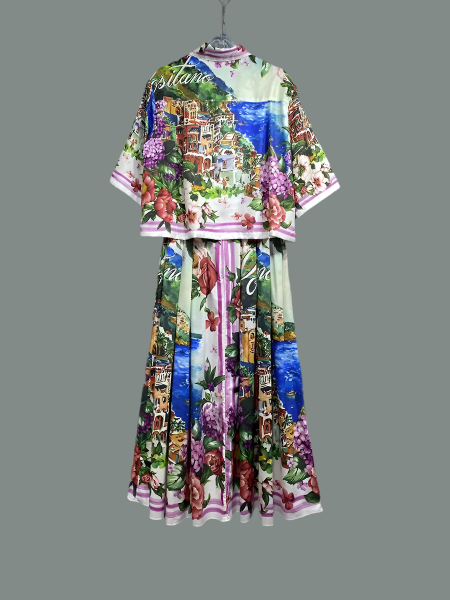 Fashion Runway Summer Women New Silk Skirt Sets Bohemian Floral Print Single Breasted Shirt+Pleated Skirt 2 Pieces Set