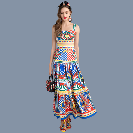 2022 Summer Vacation Skirt Suit Lady Spaghetti Strap Short Vest＋Retro Warrior Totem Print Long skirt 2 Pieces Set