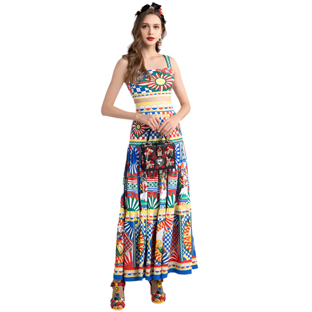 2022 Summer Vacation Skirt Suit Lady Spaghetti Strap Short Vest＋Retro Warrior Totem Print Long skirt 2 Pieces Set