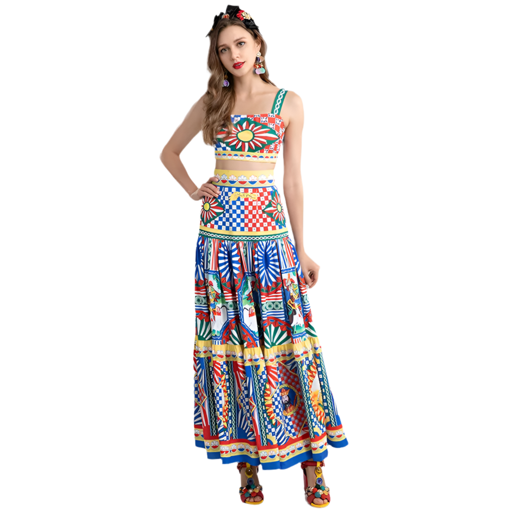 2022 Summer Vacation Skirt Suit Lady Spaghetti Strap Short Vest＋Retro Warrior Totem Print Long skirt 2 Pieces Set