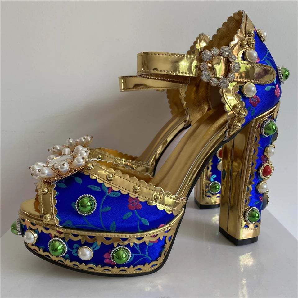 Sexy Embroidery Satin Beads Chunky Heel Sandals Women High Platform Rivets Decor Diamond Rhinestone Wedding Shoes Summer