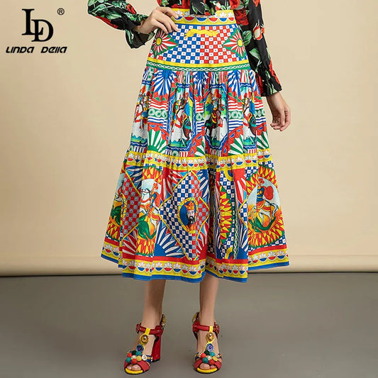 LD LINDA DELLA Designer Summer Fashion Cotton Skirt Women's High waist Vintage Warrior Totem Print Vacation Midi Skirts