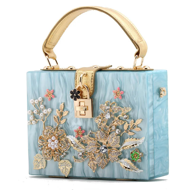 Vintage Flowers Diamond Women Handbag Marbling Acrylic Ladies Box Clutches High Quality Women Wedding Bridal Party Shoulder Bags