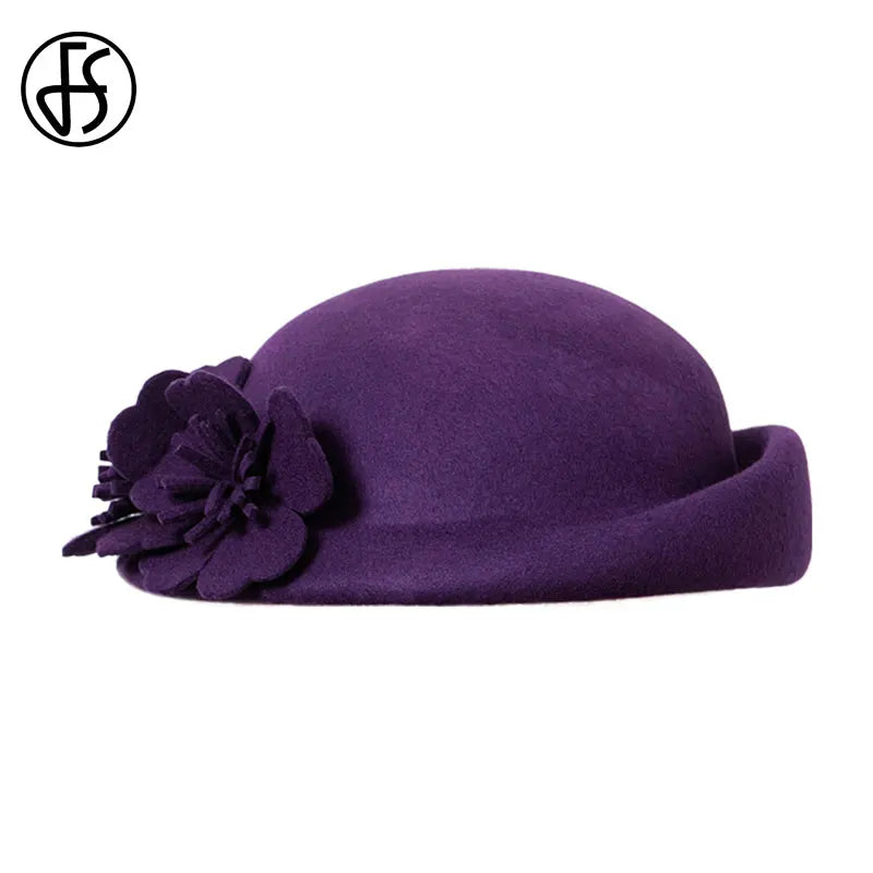 FS Blue Purple Wool French Beret Wide Brim Fedora Hats For Women Elegant Church Hats Big Flower Ladies Tea Party Hat Ken