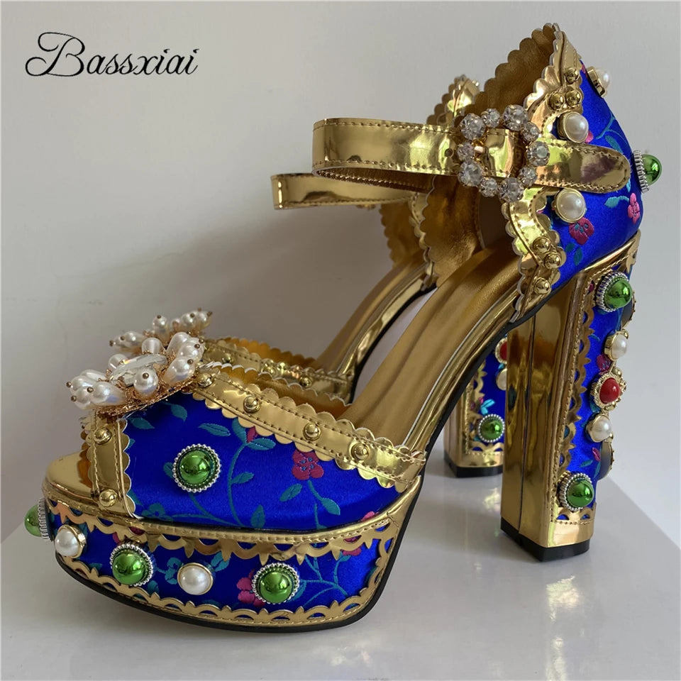 Sexy Embroidery Satin Beads Chunky Heel Sandals Women High Platform Rivets Decor Diamond Rhinestone Wedding Shoes Summer