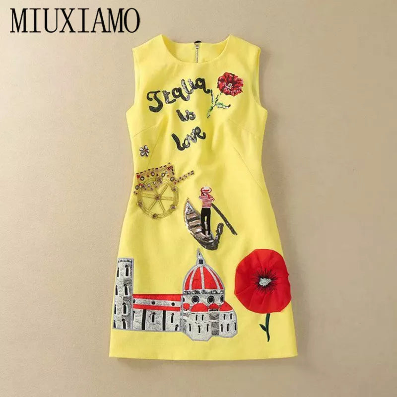 MIUXIMAO High Quality 2024 Summer Dress Newest Arrival Fashion Sleeveless Flower Diamonds Above Knee Tank Dress Women Vestidos