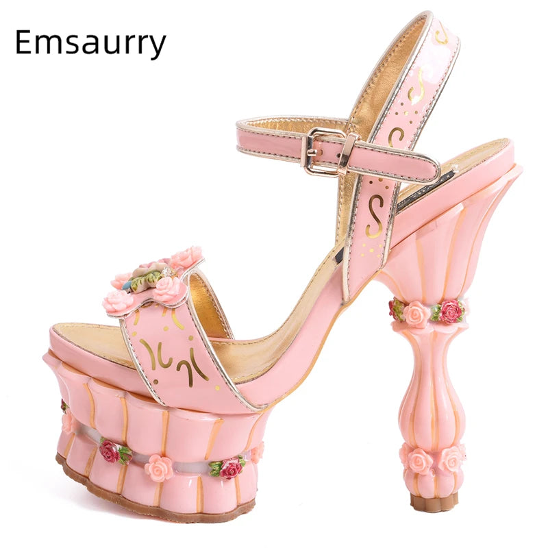 Print Flower High Platform Sandals Women Ankle Strap Sweet Pink Banquet Shoes Woman Rose Decor Strange Heel Summer Sandalias