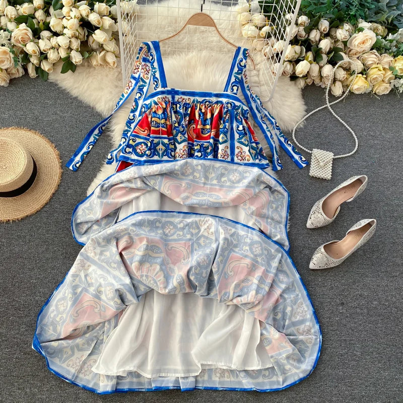 Runway Summer Dress Women Ruffles Lace Bow Elegant Holiday Dress Printed Porcelain Fashion Spaghetti Strap Sundress Cake Dresses