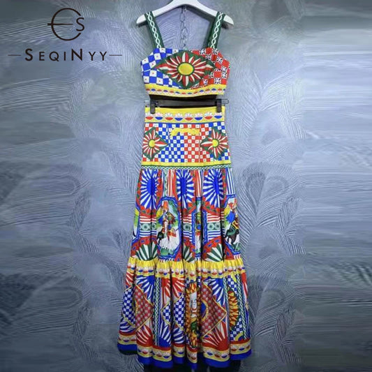 SEQINYY Sicily Fashion Set Summer Spring New Design Women Runway Crop Top+ Long A-Line Skirt Vintage Plaid Flowers Print