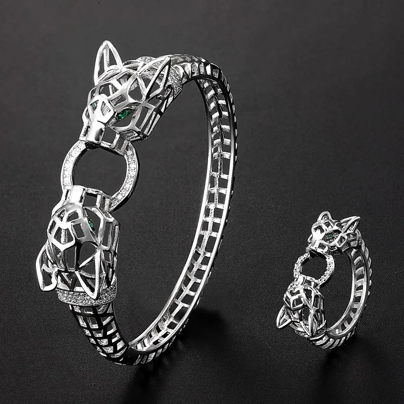 Zlxgirl High-end hollow design leopard head bracelet ring set for women and men gift Perfct paved cubic zircon copper bracelet