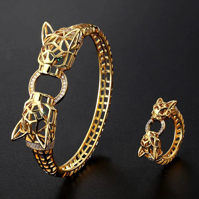 Zlxgirl High-end hollow design leopard head bracelet ring set for women and men gift Perfct paved cubic zircon copper bracelet