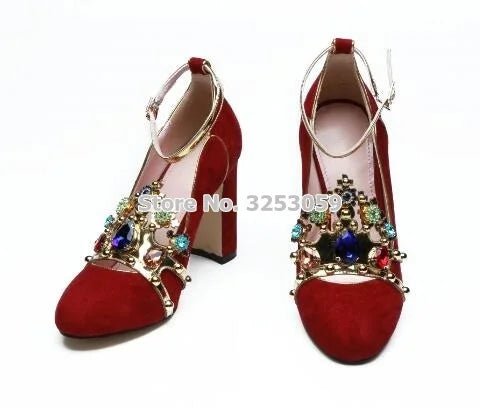 Luxury Red Pink Suede Multi-color Beaded Chunky Heel Wedding Shoes Metallic Gem Bling Bling Crystal Sequined Dress Pump