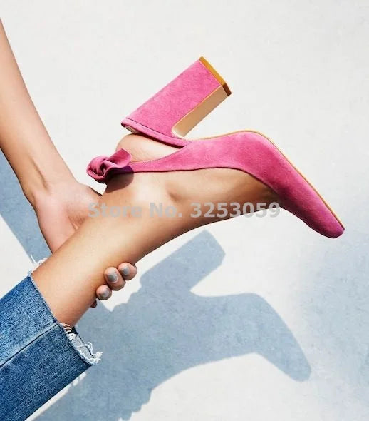 New Designer Pink Suede Women Pumps Chunky Heel Bowknot Dress Shoes Sweet Butterfly-knot Thick Square Heel Wedding Shoes Pumps