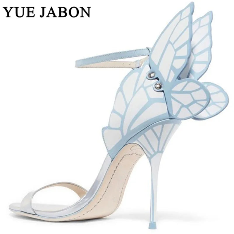 High-end Women Orange Butterfly Sandals Metal Stiletto Heel Metallic Cut-outs Pumps Bling Bling Crystal Celebrity Wedding Shoes