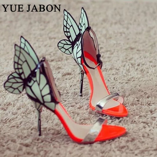 High-end Women Orange Butterfly Sandals Metal Stiletto Heel Metallic Cut-outs Pumps Bling Bling Crystal Celebrity Wedding Shoes