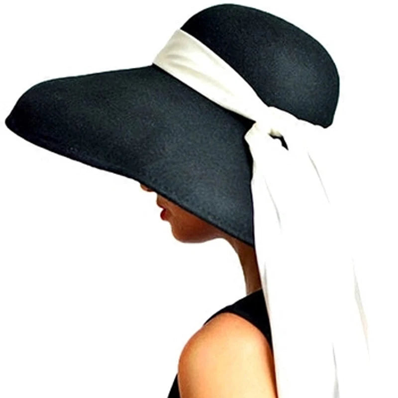 Women Fashion Retro Style Wool Felt Bowler Hat , Black Color White Silk streamers Big Brim Hat ,Large eaves  Adjustable Show Hat