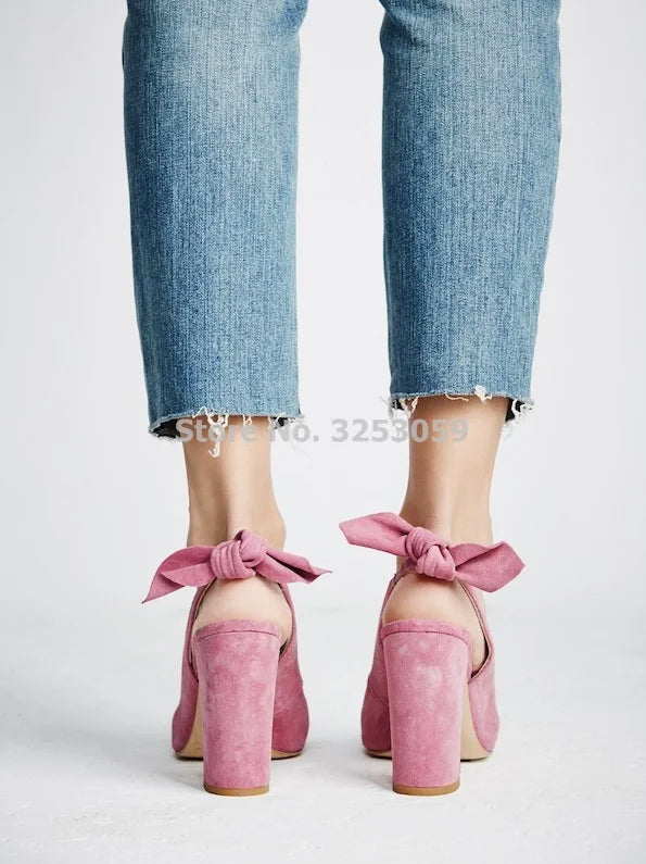 New Designer Pink Suede Women Pumps Chunky Heel Bowknot Dress Shoes Sweet Butterfly-knot Thick Square Heel Wedding Shoes Pumps