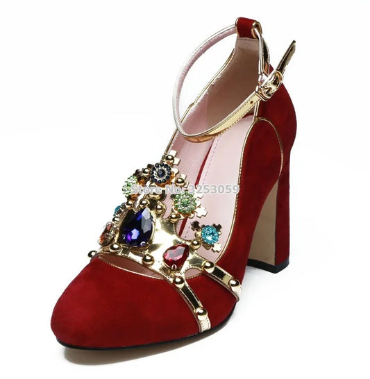 Luxury Red Pink Suede Multi-color Beaded Chunky Heel Wedding Shoes Metallic Gem Bling Bling Crystal Sequined Dress Pump