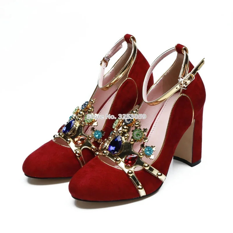 Luxury Red Pink Suede Multi-color Beaded Chunky Heel Wedding Shoes Metallic Gem Bling Bling Crystal Sequined Dress Pump