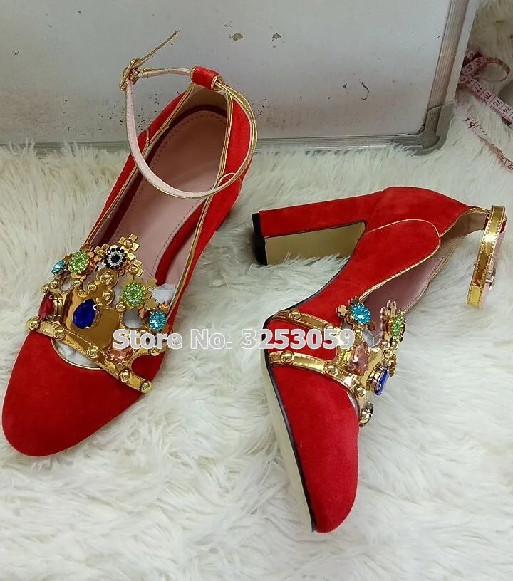 Luxury Red Pink Suede Multi-color Beaded Chunky Heel Wedding Shoes Metallic Gem Bling Bling Crystal Sequined Dress Pump