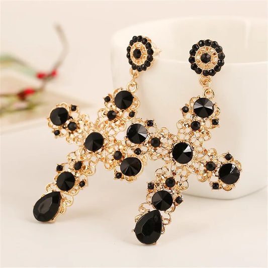 New Arrival Vintage Black Crystal Cross Drop Earrings Women Pink Baroque Bohemian Large Long Earrings Jewelry Brincos