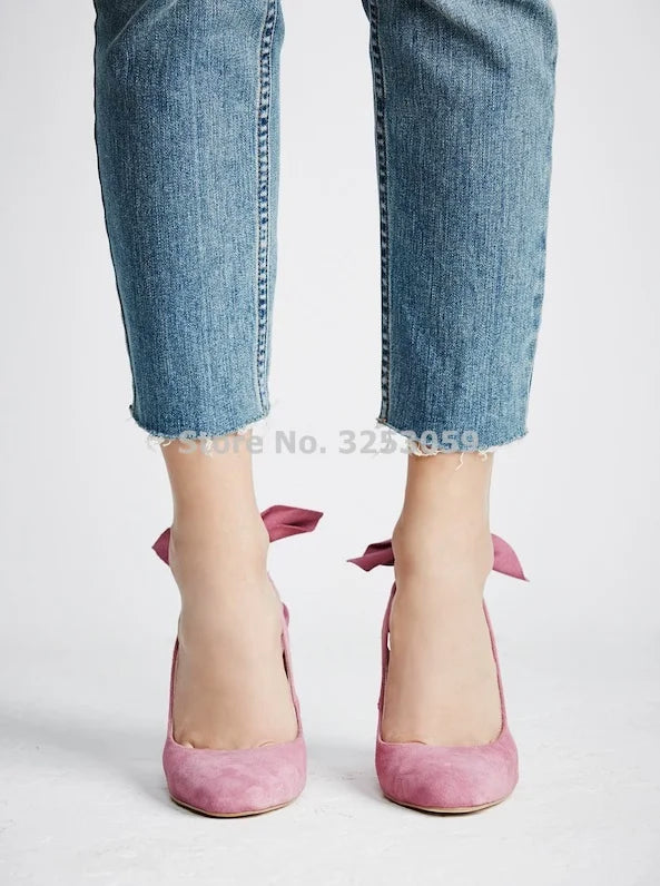 New Designer Pink Suede Women Pumps Chunky Heel Bowknot Dress Shoes Sweet Butterfly-knot Thick Square Heel Wedding Shoes Pumps