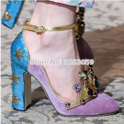 Luxury Red Pink Suede Multi-color Beaded Chunky Heel Wedding Shoes Metallic Gem Bling Bling Crystal Sequined Dress Pump