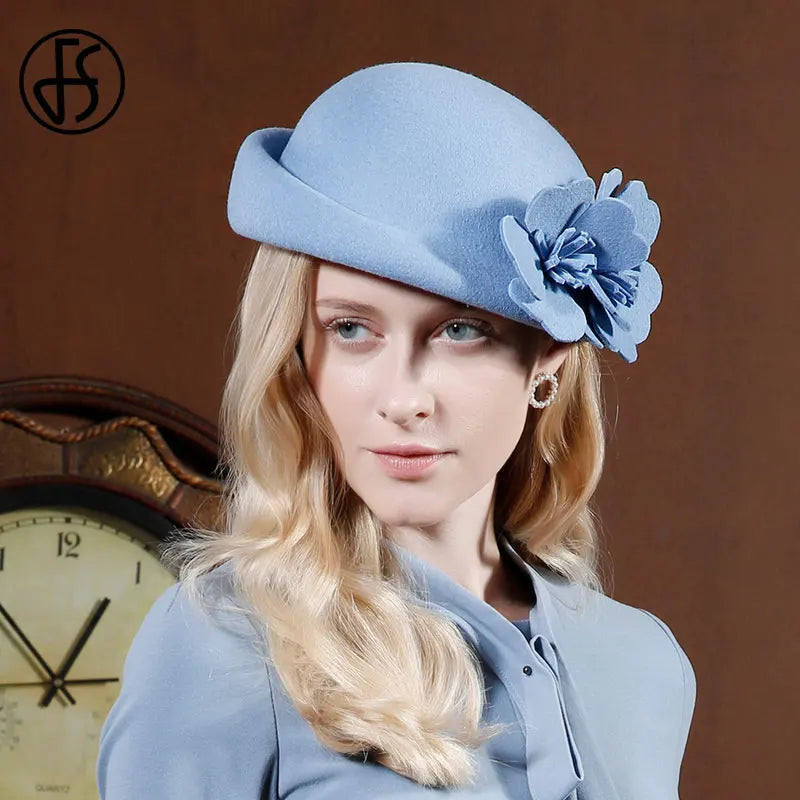 FS Blue Purple Wool French Beret Wide Brim Fedora Hats For Women Elegant Church Hats Big Flower Ladies Tea Party Hat Ken