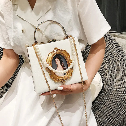 Oil Painting Figure Retro Women's Bag 2020 Trend New Luxury Handbags Clip-on Casual Chain Pearl Leather Female Crossbody Bag
