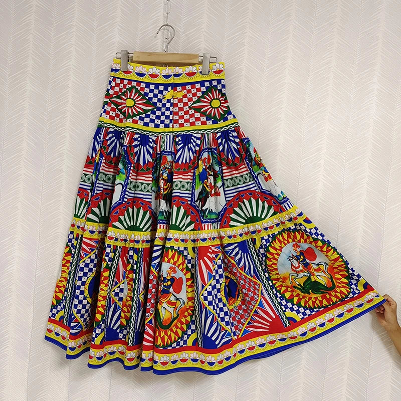 High Quality 100% Cotton Sicilian Skirt 2022 Autumn Poplin Retro Printing Plaid Long Elegant Party Holiday Skirt