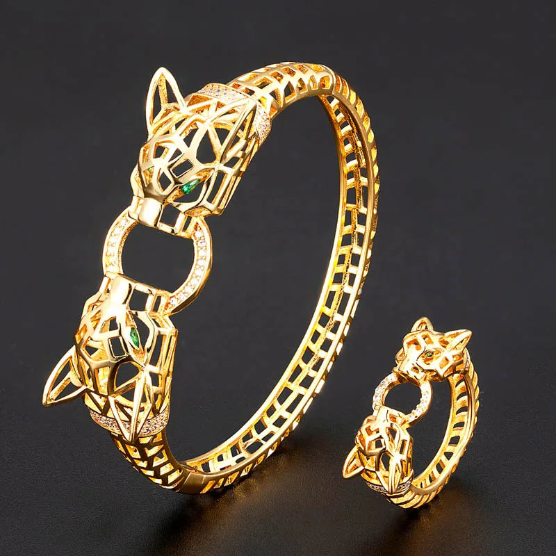 Zlxgirl High-end hollow design leopard head bracelet ring set for women and men gift Perfct paved cubic zircon copper bracelet