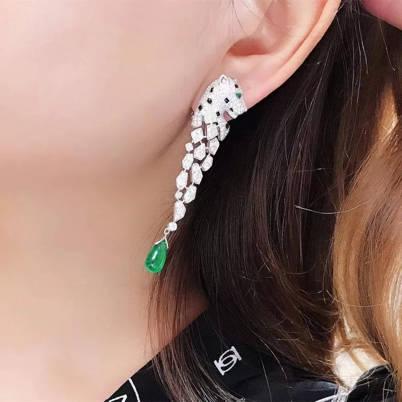 Europe America Designer Luxury Women Lady Setting Full Czech Zircon Green Eyes Leopard Head Tassels Stud Earrings