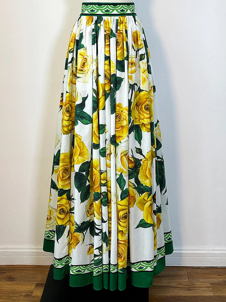 Sicilian 100% Cotton Skirt Women High Quality Yellow Rose Flower Print With Pockets Split Long Elegant Party Beach