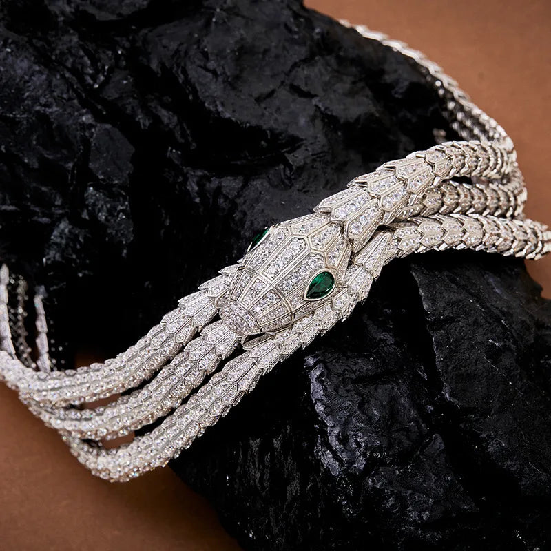 Women's Chic Snake Jewelry Set - 3-Layer Necklace & Bracelet with Green Zircon Eyes, Perfect Birthday or Banquet Gift