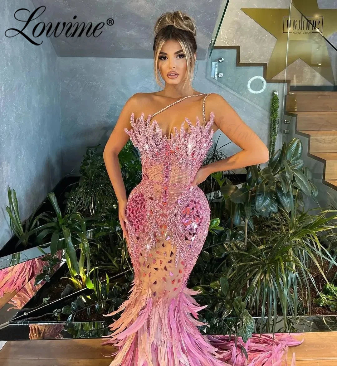 Full Beaded Pink Party Dress Women Luxury Long Prom Dresses 2023 Arabic Abendkleider Mermaid Crystals Feather Celebrity Dressess