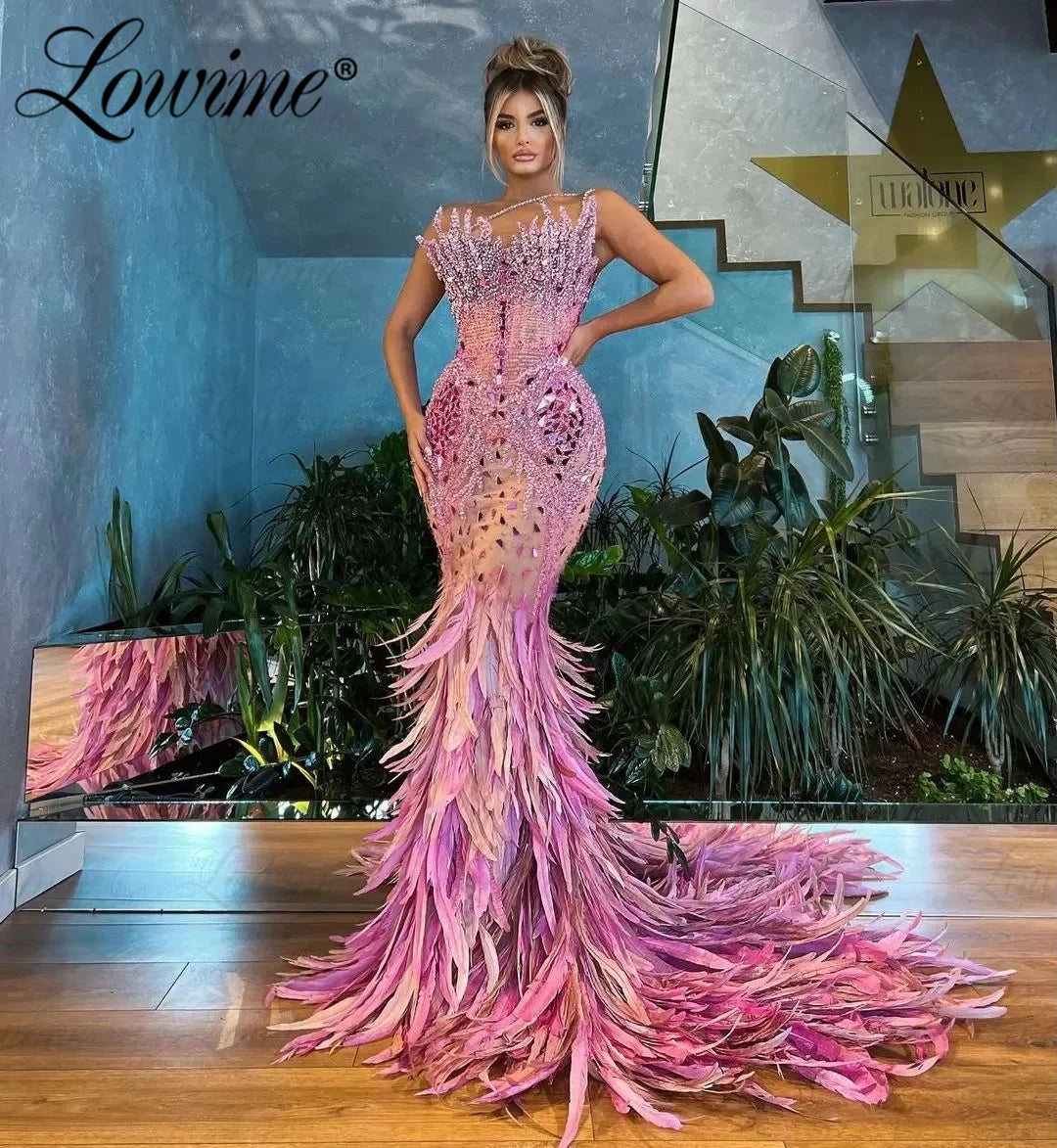 Full Beaded Pink Party Dress Women Luxury Long Prom Dresses 2023 Arabic Abendkleider Mermaid Crystals Feather Celebrity Dressess