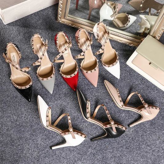 2023 Brand Summer Lacquer Leather Women's Sandals Classic Fashion Rivet Pumps Sexy Luxury High Heels Wedding Party Shoes 33-41