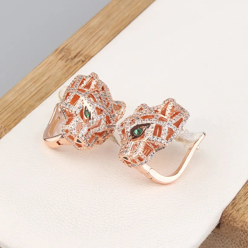 Europe America Designer Luxury Women Lady Micro Inlaid Full Zircon Green Leopard Plated Gold Color Stud Ear Clip Earrings