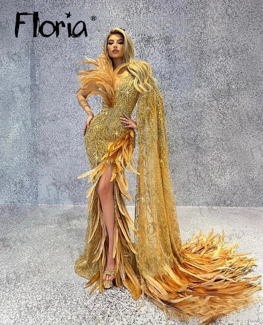 Luxury Gold Feathers Evening Dress Dubai Fashion Beaded Side Slit Formal Prom Party Gowns Women Long Celebrity Dresses Customize