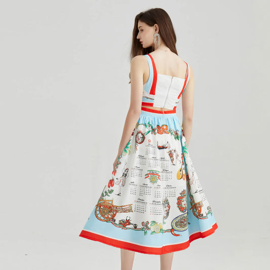 Calendar Flower Two Piece Set Women Summer Print Crop Tops Corset Bustier + A Line Pleated Long Maxi Skirts Suits Beach Wear