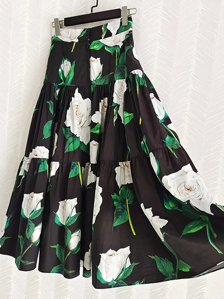 100% Cotton Skirt Women Fashion Runway 2022 Summer Black White Flower Printed High Quality Long Sicilian