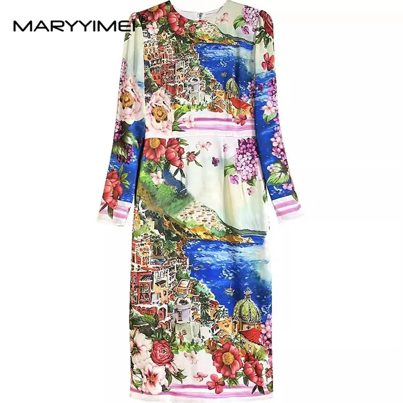 Women's High Street Dress Autumn Winter Long-Sleeved Slim-Fit Hip Wrap Oil Painting Landscape Printed Silk Dresses