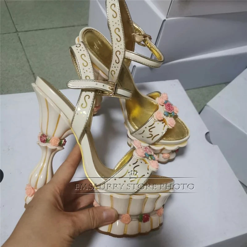 Print Flower High Platform Sandals Women Ankle Strap Sweet Pink Banquet Shoes Woman Rose Decor Strange Heel Summer Sandalias