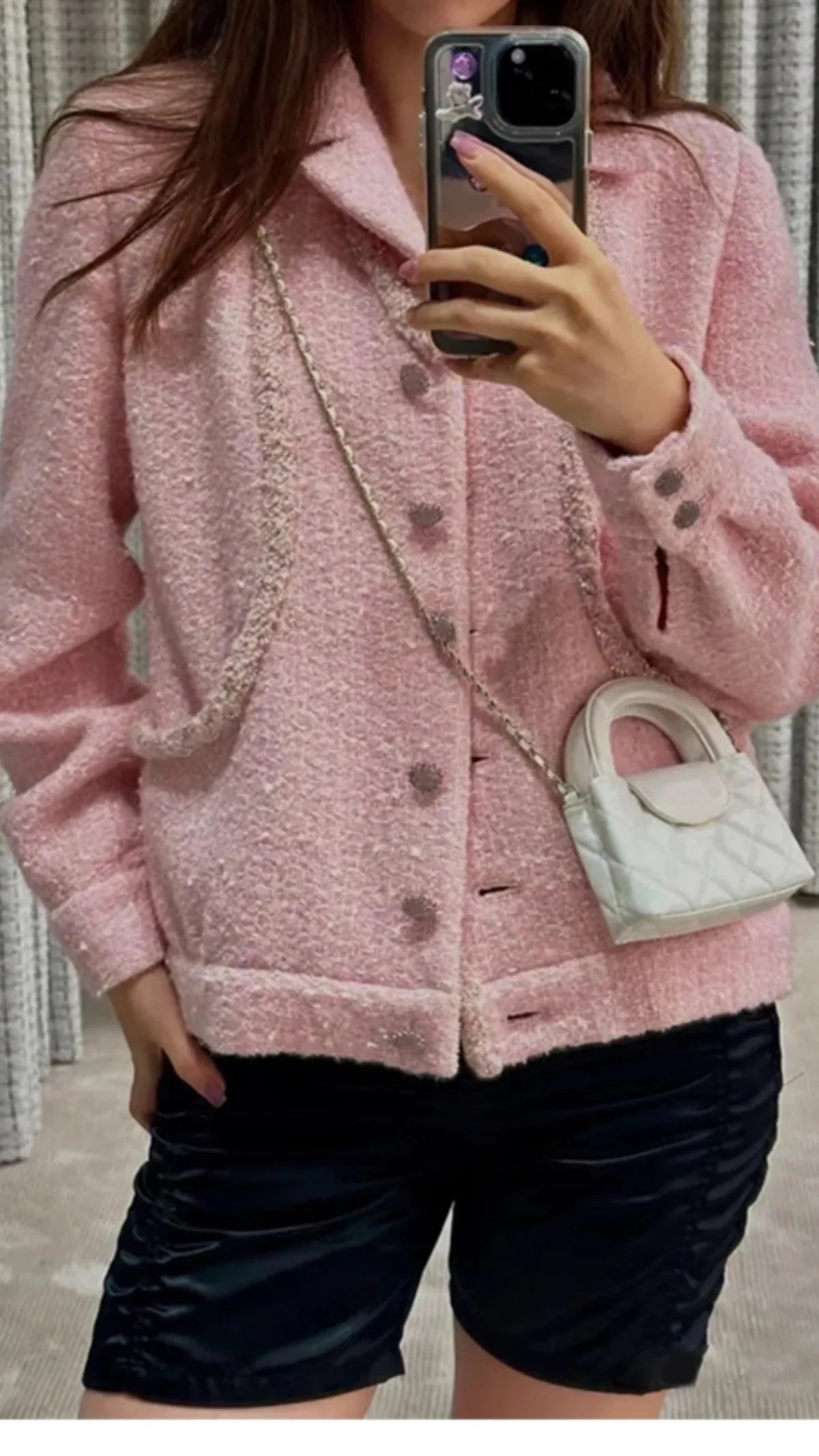 Blackfeather Wool Jacket for Women, Pink Tweed, Polo Collar, Cute and Playful