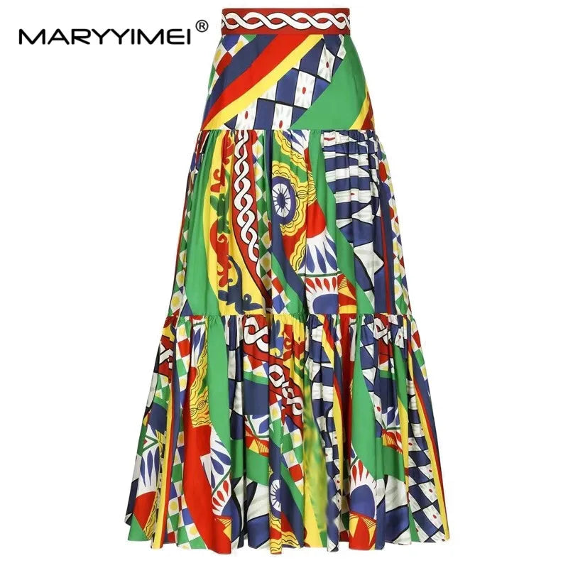 Summer Fashion Designer Print Cotton Skirt Women's High Waist Ruched Holiday Casual A-LINE Mid Skirt